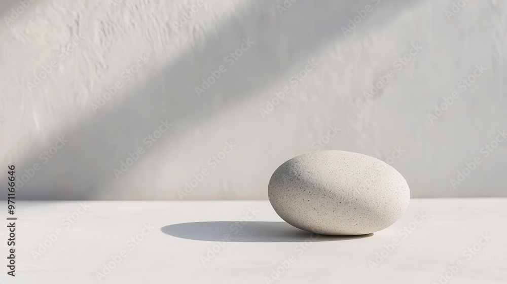 Poster a smooth, light-colored stone rests on a minimalistic surface, casting a soft shadow.