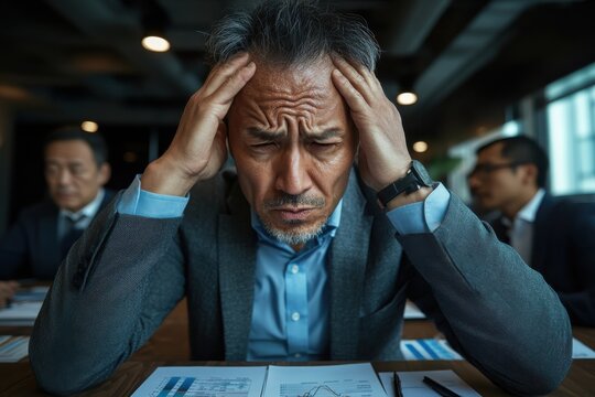 A distressed businessman in a suit leans on his hands amidst financial documents in an office, capturing the stresses and pressures of corporate life.