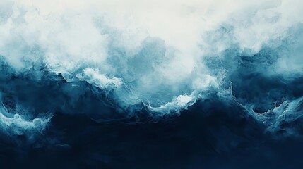 Dark blue tones forming an abstract seascape with fluid waves and misty clouds above, captured in a watercolor texture The overall feeling should evoke calmness and depth