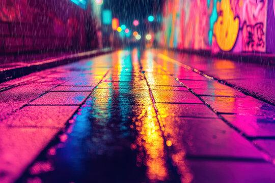 Vibrant city street at night in the rain, illuminated with colorful neon lights reflecting off the wet pavement, creating a stunning urban scene.
