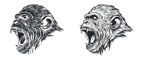 Angry monkey head in hand drawn sketch style. Monochrome silhouette animal for tattoo, print, branding. Vector illustration.