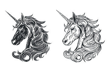 Unicorn head in hand drawn sketch style. Monochrome silhouette magic horse for tattoo, print, branding. Vector illustration.
