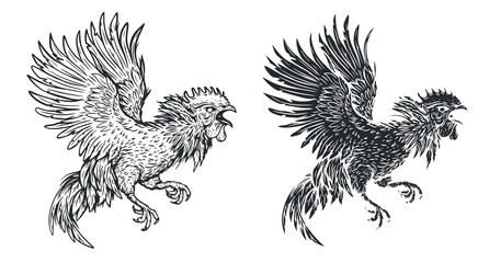 Angry fighting rooster in hand drawn sketch style. Monochrome silhouette bird for tattoo, print, branding. Vector illustration.