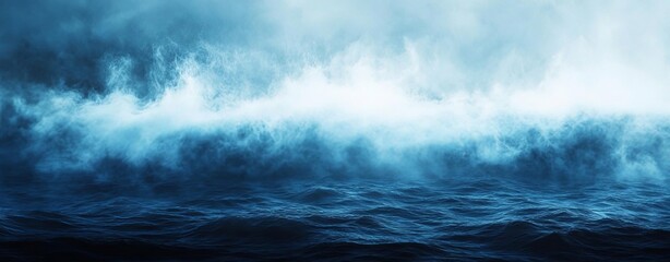 Deep blue abstract texture with white highlights, resembling the calm sea at dusk, combined with mist for an ethereal effect The design should feel both peaceful and deep