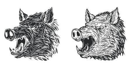 Angry boar head in hand drawn sketch style. Monochrome silhouette animal for tattoo, print, branding. Vector illustration.