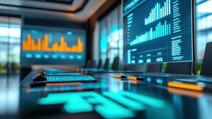 Corporate meeting room with charts and graphs focused on carbon offset investments   business sustainability strategy, carbon credit market