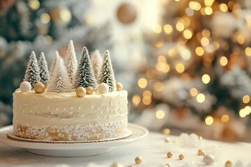 Fototapeta premium Festive Christmas Cake with Miniature Trees and Gold Ornaments