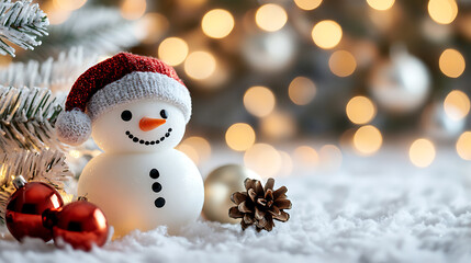 A cute snowman with colorful lights in the background, a white Christmas tree decoration on a blurred light background, in close-up. New Year concept. Generative AI illustration 
