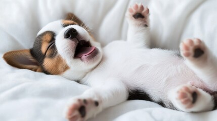 A sleepy puppy yawning while lying on its back, paws up in the air, looking adorable and relaxed