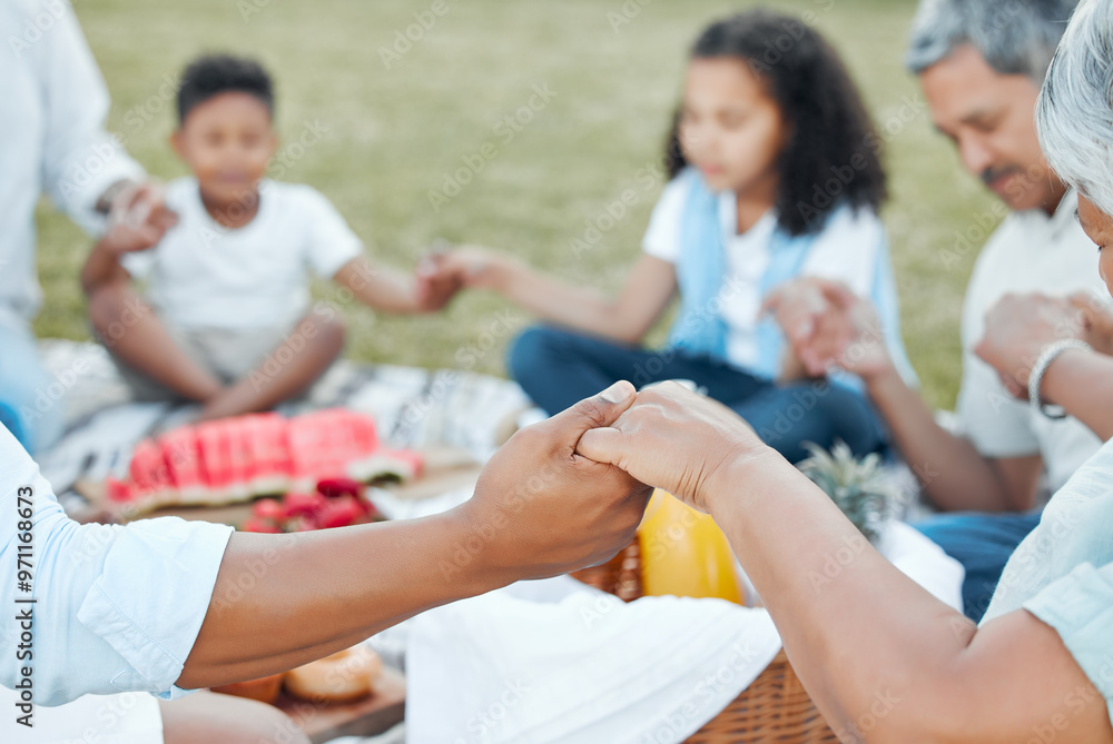 Canvas Prints Holding hands, picnic and family with praying, kids and party on the lawn with food outdoor. Bonding, grace and care with support and kindness together with celebration and social event on holiday