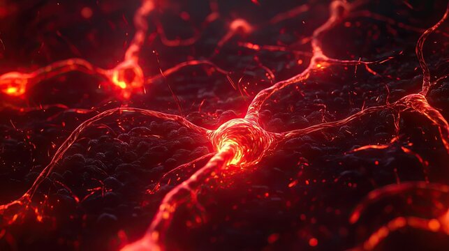 Abstract digital illustration of glowing red neurons connected in a dark space, symbolizing brain activity and neural networks.