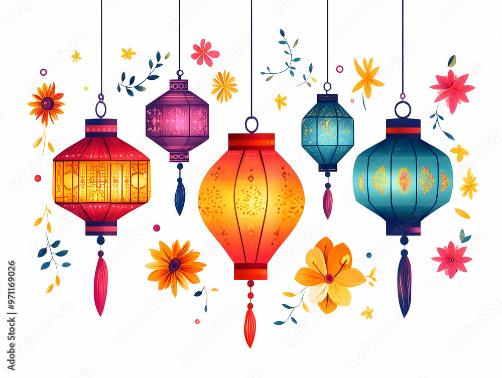 Wall mural Flat Glossy Diwali Background with Lanterns and Mandalas: Capturing Festive Energy for Vibrant Banners - Vector Illustration