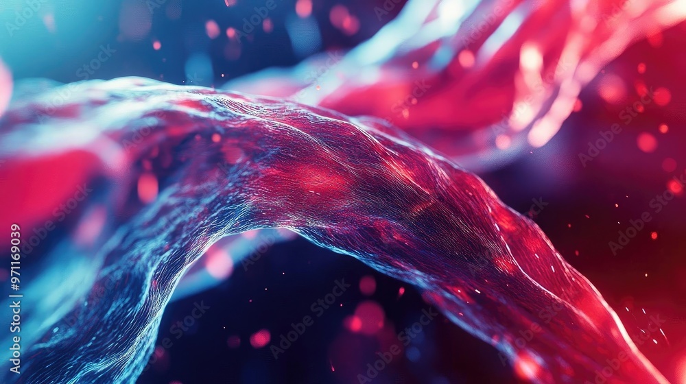 Poster a vibrant abstract image featuring flowing colors of red and blue, creating a sense of motion and en