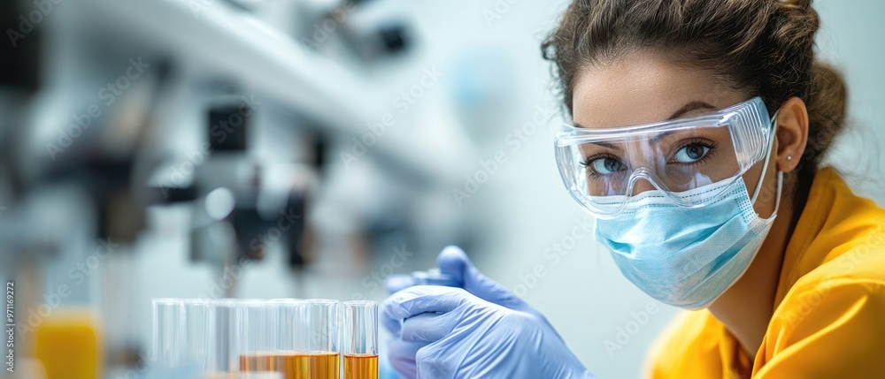 Poster a scientist in a lab coat conducts experiments with test tubes.