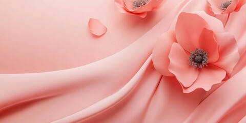 A soft pink background with delicate flowers and flowing fabric, evoking elegance and beauty.