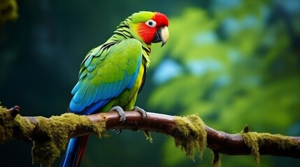 Obraz premium A vibrant green, blue, and red parrot perched on a mossy branch.