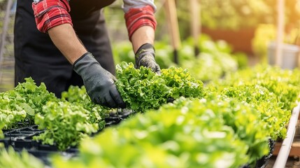 Farmers harvesting vegetables from a modern hydroponics setup.