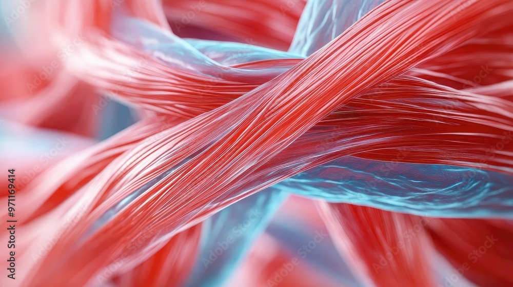 Poster close-up of intertwined colorful fibers showcasing dynamic texture and vibrant hues, ideal for abstr