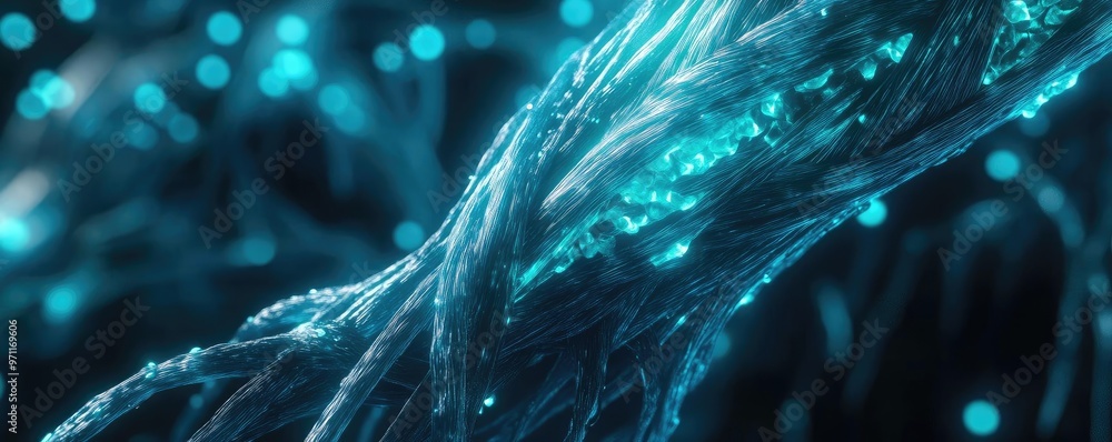 Poster abstract close-up of luminous fibers with glowing blue accents, creating a mesmerizing digital textu