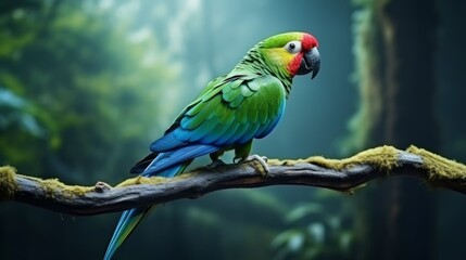 Obraz premium A vibrant green, blue, and red parrot perched on a moss-covered branch in a lush forest setting.