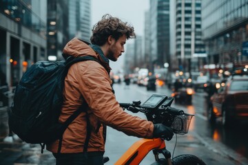 A rider on an orange bicycle making their way through a busy and rainy city street, highlighting the intersection of modern transport and urban life.