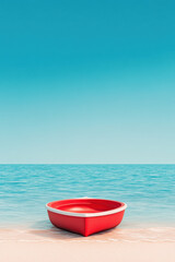 A solitary red boat sits on a serene beach with calm blue waters and a clear sky in the background, perfect for a peaceful seaside escape.