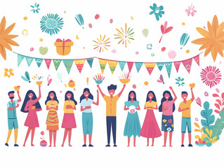 Fototapeta premium Vibrant Flat Vector Illustration of a Cultural Festival: Participants Dancing, Cooking, and Creating Rangoli in a Lively Atmosphere with Sparklers
