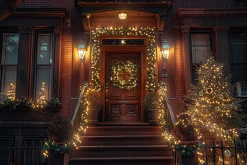 Fototapeta premium Elegant Brownstone with Sophisticated Christmas Decor and Fairy Lights
