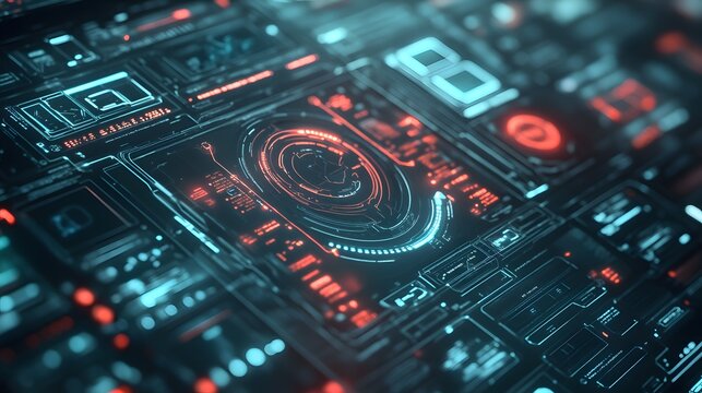 Futuristic holographic interfaces on a muted backdrop with detailed layering