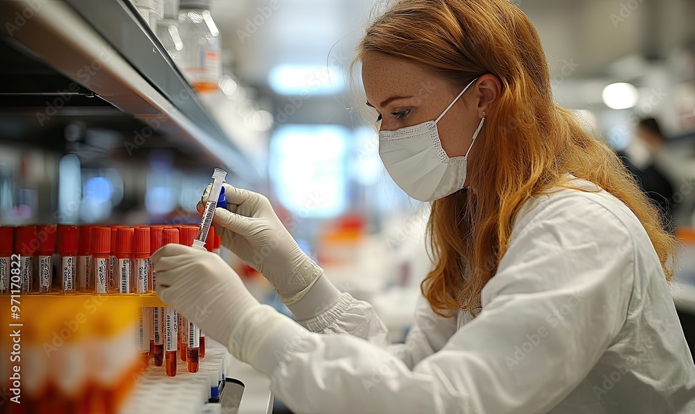 Poster a scientist in a lab organizing test tubes while wearing gloves and a mask.