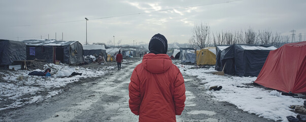 Winterscape in Refugee Camp. A somber photo of a refugee camp with tents covered in snow, showcasing a lone figure walking through the muddy path.
