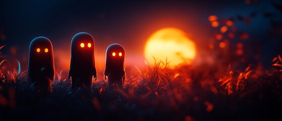 Black shadows, eerie ghostly figures, flat design illustration