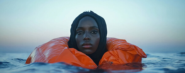 Woman Floating in Ocean at Dusk. A photo capturing an African woman with dark skin and black hair wearing a black hijab and an orange life jacket, floating serenely in the ocean.
