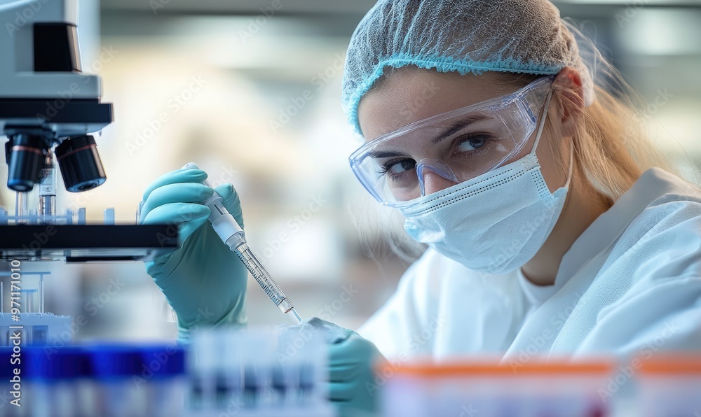 Poster a scientist in a lab using a pipette and microscope for research.