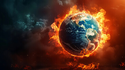 Burning earth globe with burning flames and dark smoky background depicting global warming and climate change concept. HD IMAGE