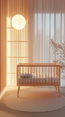 Modern nursery with crib and calming sunset lighting