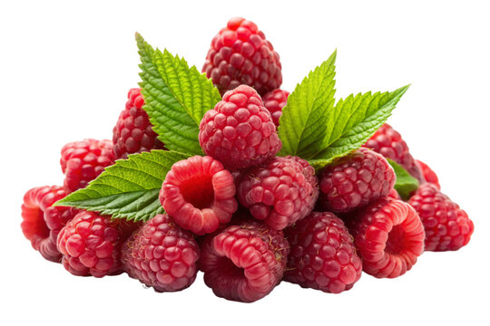 Stack of raspberries with leaves isolated on white or transparent PNG 
