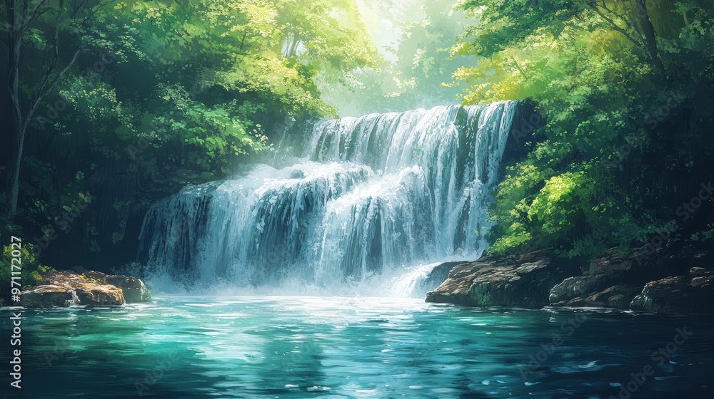 Poster a serene waterfall cascading into a tranquil pool surrounded by lush greenery, dappled sunlight filt