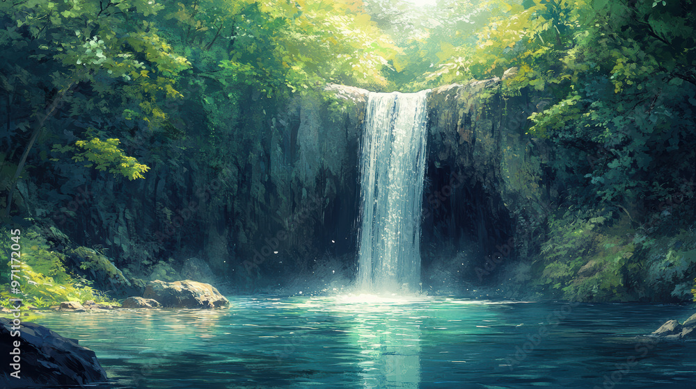 Poster a serene waterfall cascading into a tranquil pool surrounded by lush green forest, with sunlight fil