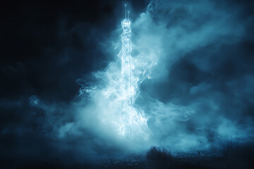 A ghostly and transparent 5G tower spirit with an ethereal presence, radiating a mystical glow