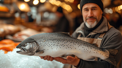 Obraz premium Experienced chef holding large speckled trout fish market. Gourmet seafood concept, gastronomy