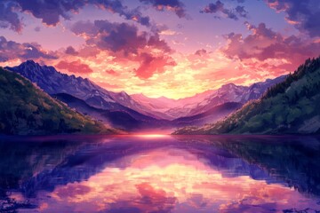 Breathtaking Mountain Sunset Reflected in a Calm Lake