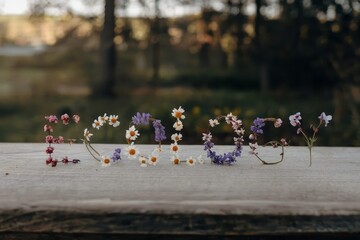 Colorful flowers spelling 'Ecology' on a wooden surface in a natural setting.