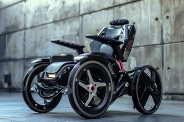 Modern electric wheelchair with big wheels standing on a concrete surface