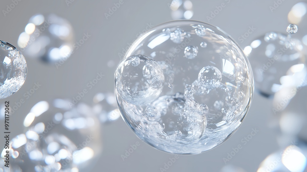 Poster bubbles floating in the air, capturing light and reflections, creating a tranquil atmosphere in a so