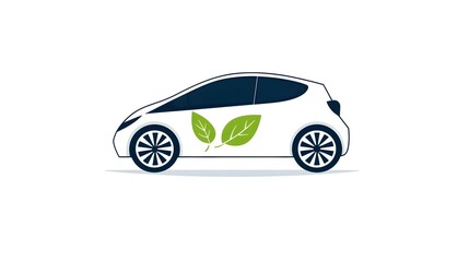Fototapeta premium Minimalist Electric Car with Green Leaf Symbol on White Background