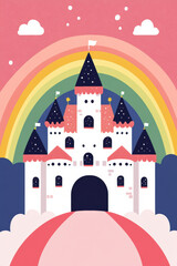 Fototapeta premium Whimsical illustration of a fairytale castle beneath a vibrant rainbow, set against a pink sky with clouds and stars.