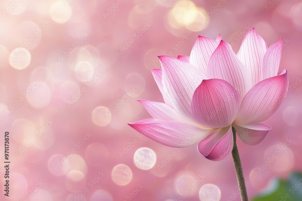 Poster in-depth look at a pink lotus bloom set against a gleaming pink background with bokeh effects and ro