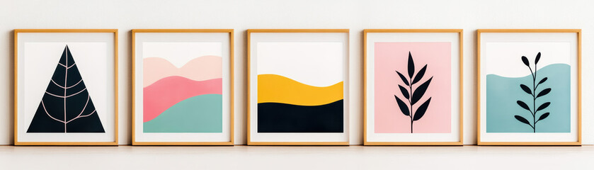 Bright and modern wall art with geometric and abstract designs, framed and arranged in a minimalist style. Perfect for home or office decor.