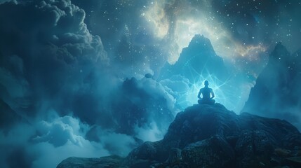 Meditating Man Silhouette Mountain Top Starry Night